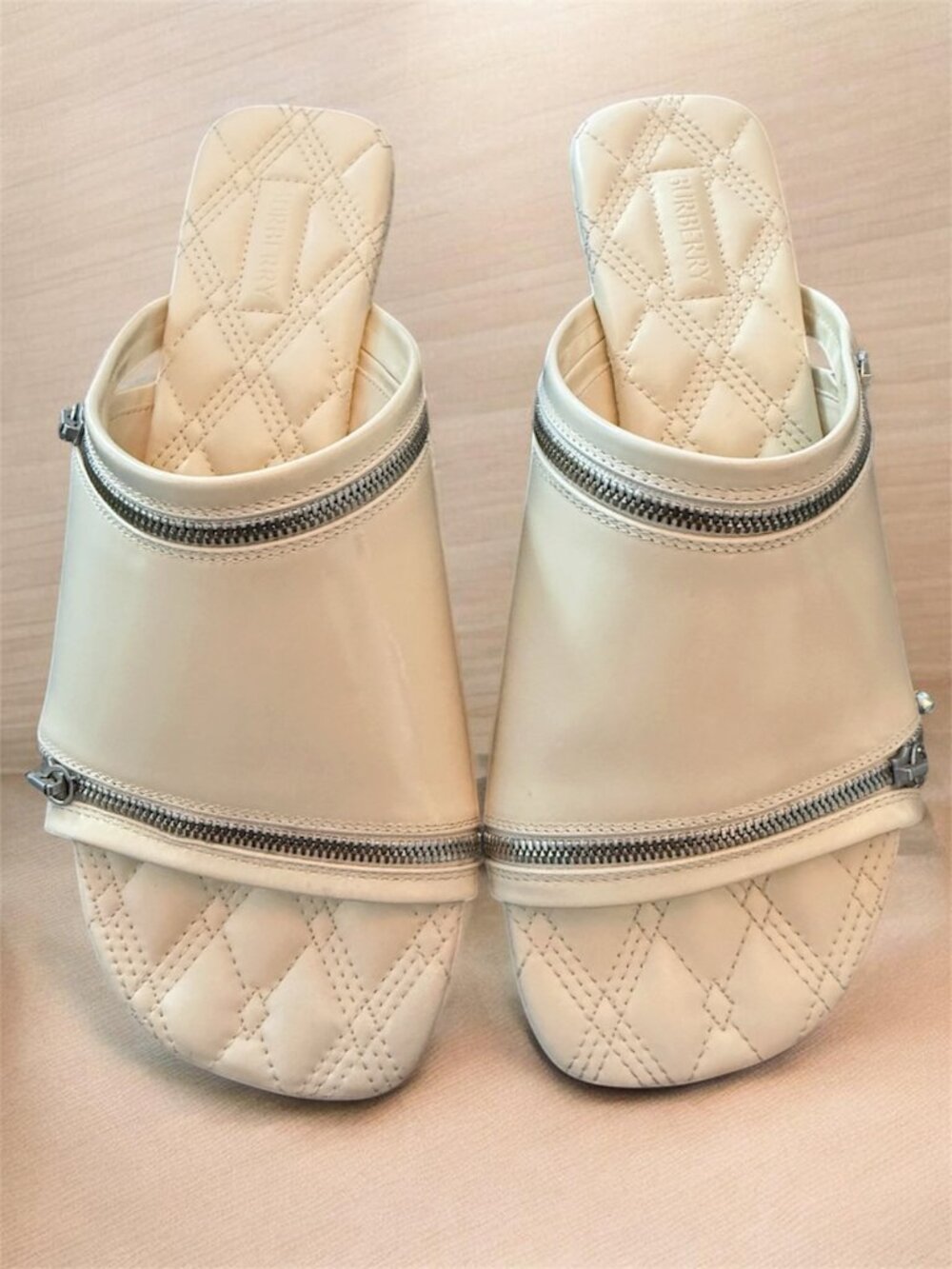 Burberry Cream Quilted Leather Zip-Trim Slide Mules